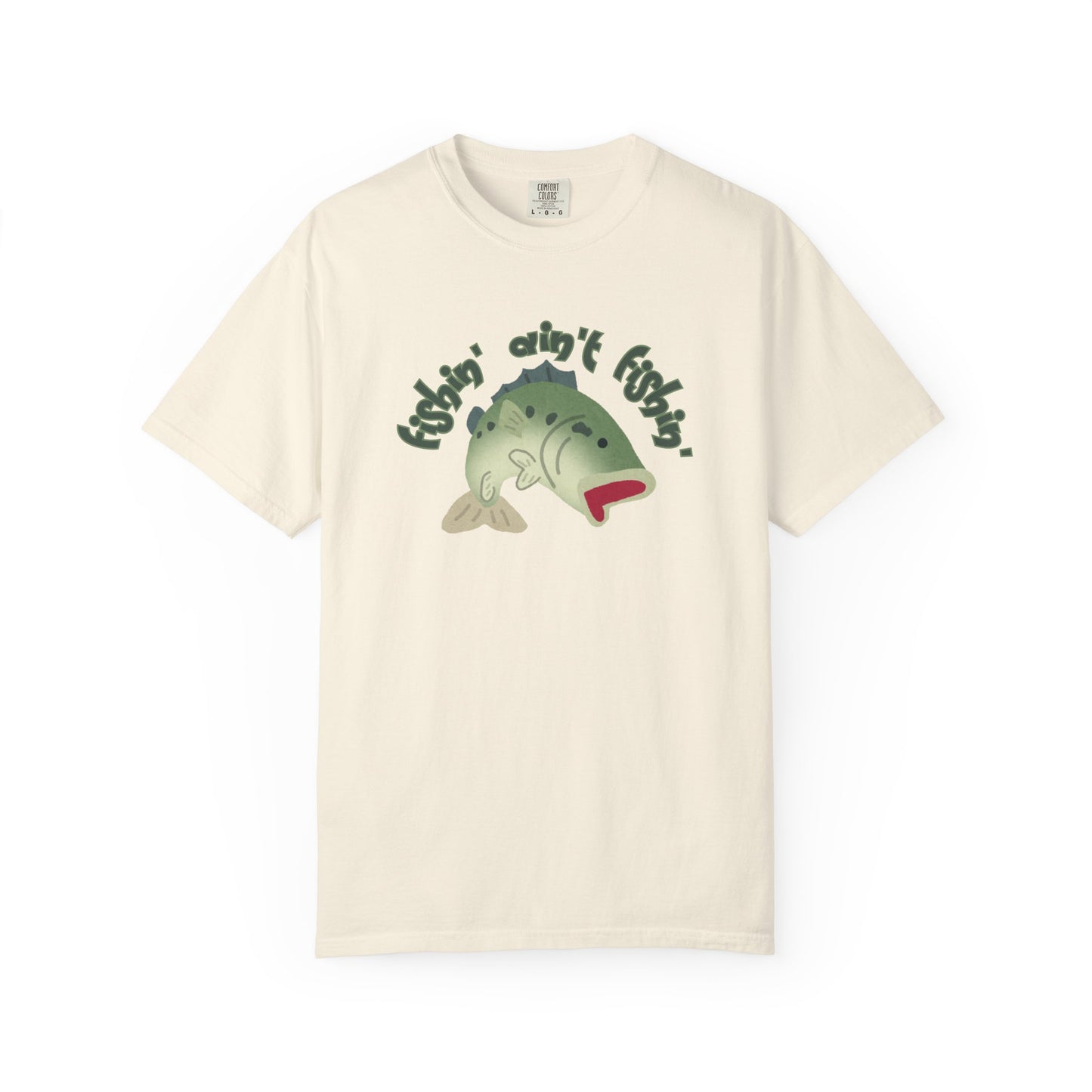  Fish aint fishing funny meme unisex tee flat lay on wooden dock surface