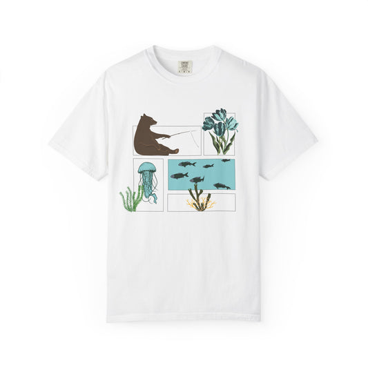 Fishing nature collage t-shirt with bear, fish, and jellyfish art on garment dyed cotton