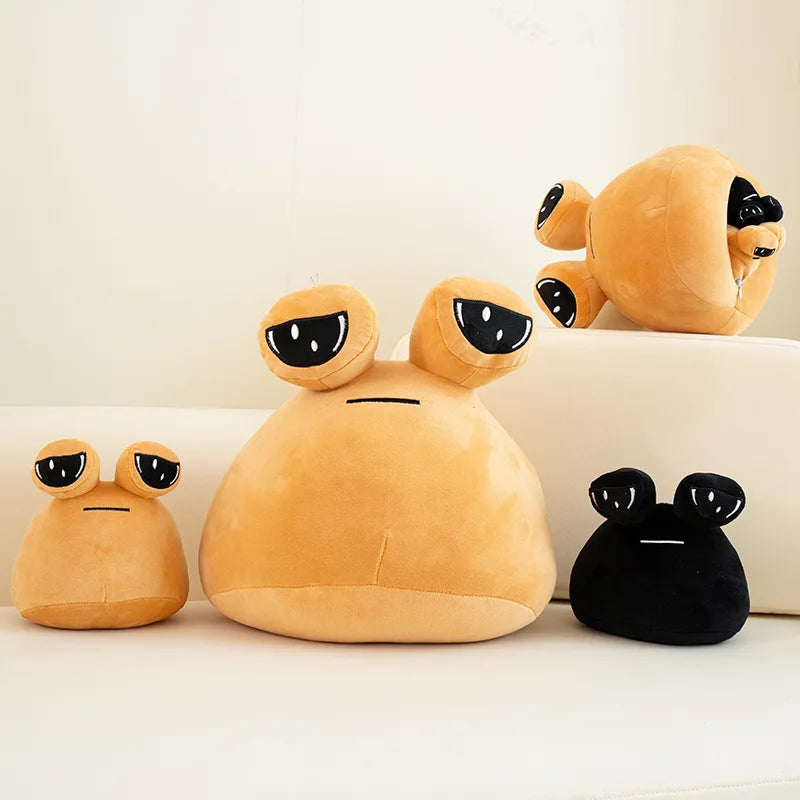 Five Sad Pou plush variants side by side: Sad Pou, Classic Pou, White, Black, and Mom and Kids set