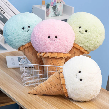 Five flavor variants of kawaii ice cream pillow laid out together flat lay