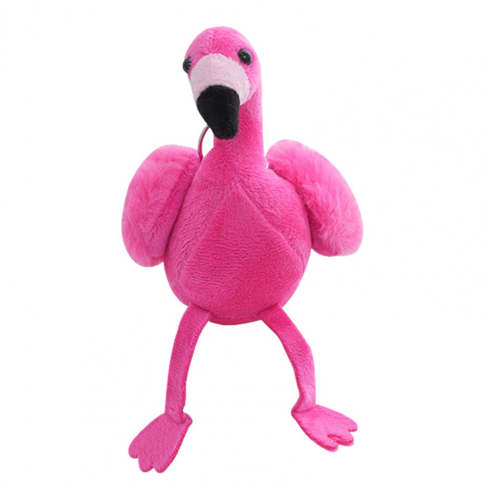 Flamingo plushie keychain charm back view showing metal clip attachment loop detail in pink variant