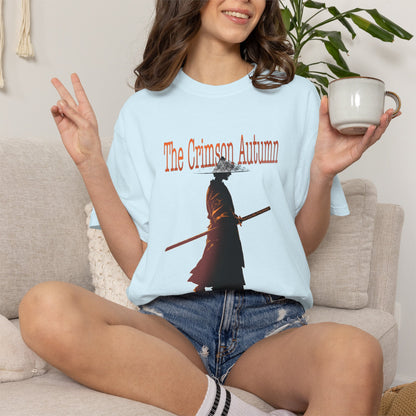 Flat lay of Crimson Autumn Samurai Tee garment dyed heavyweight cotton graphic shirt with relaxed fit and faded vintage samurai autumn leaves print