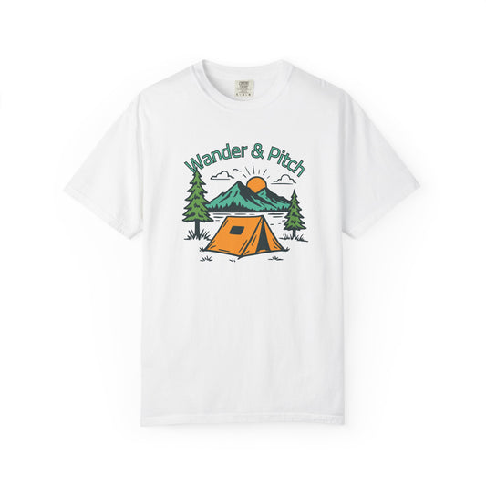 Flat lay of a heavy cotton camping unisex tee on a clean white background