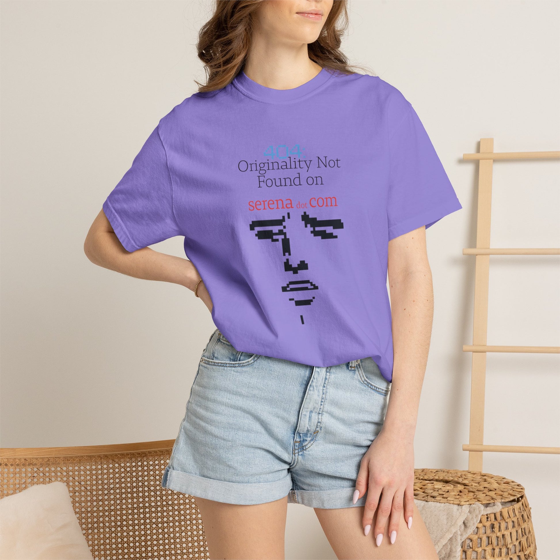 Flat lay of copy culture satire shirt on concrete surface with minimal styling
