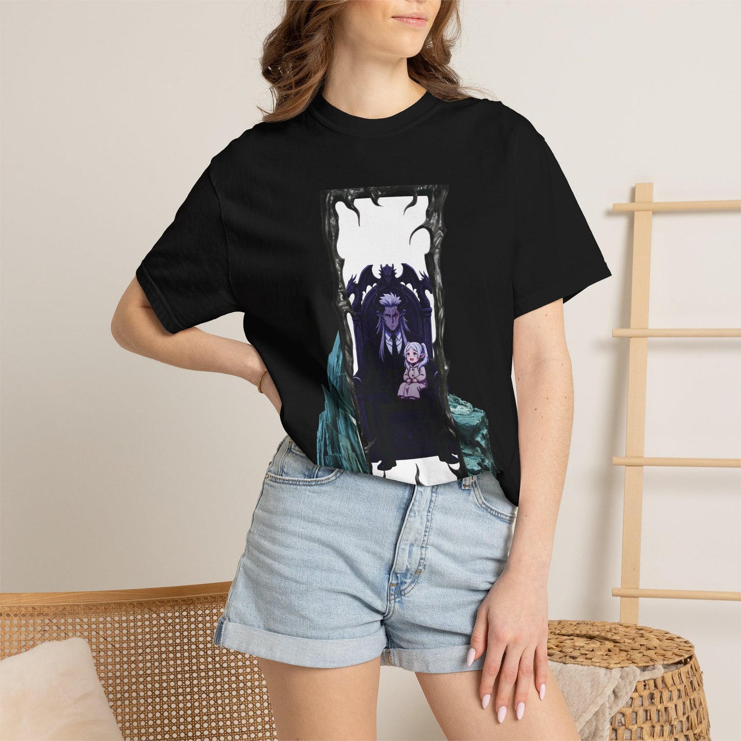 Flat lay of dark portal vampire graphic tee next to gothic streetwear accessories for outfit styling

