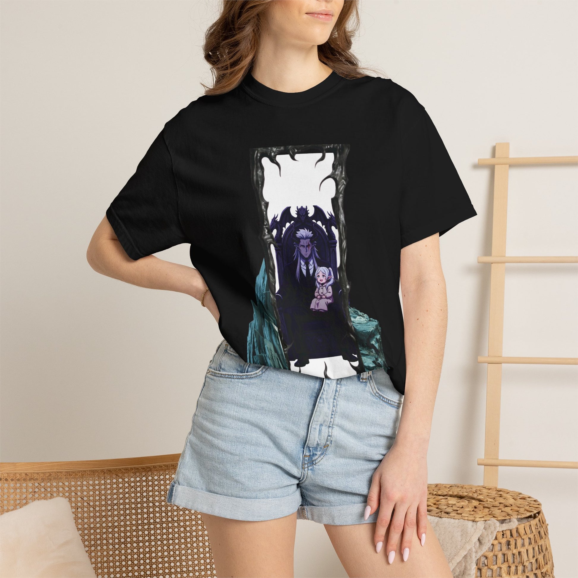 Flat lay of dark portal vampire graphic tee next to gothic streetwear accessories for outfit styling
