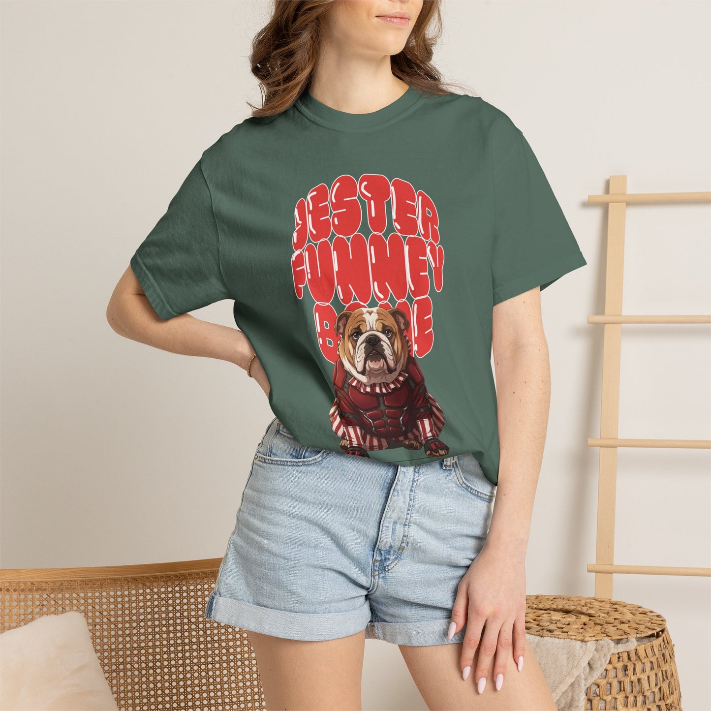 Flat lay of the garment-dyed bulldog jester t-shirt on a neutral background.
