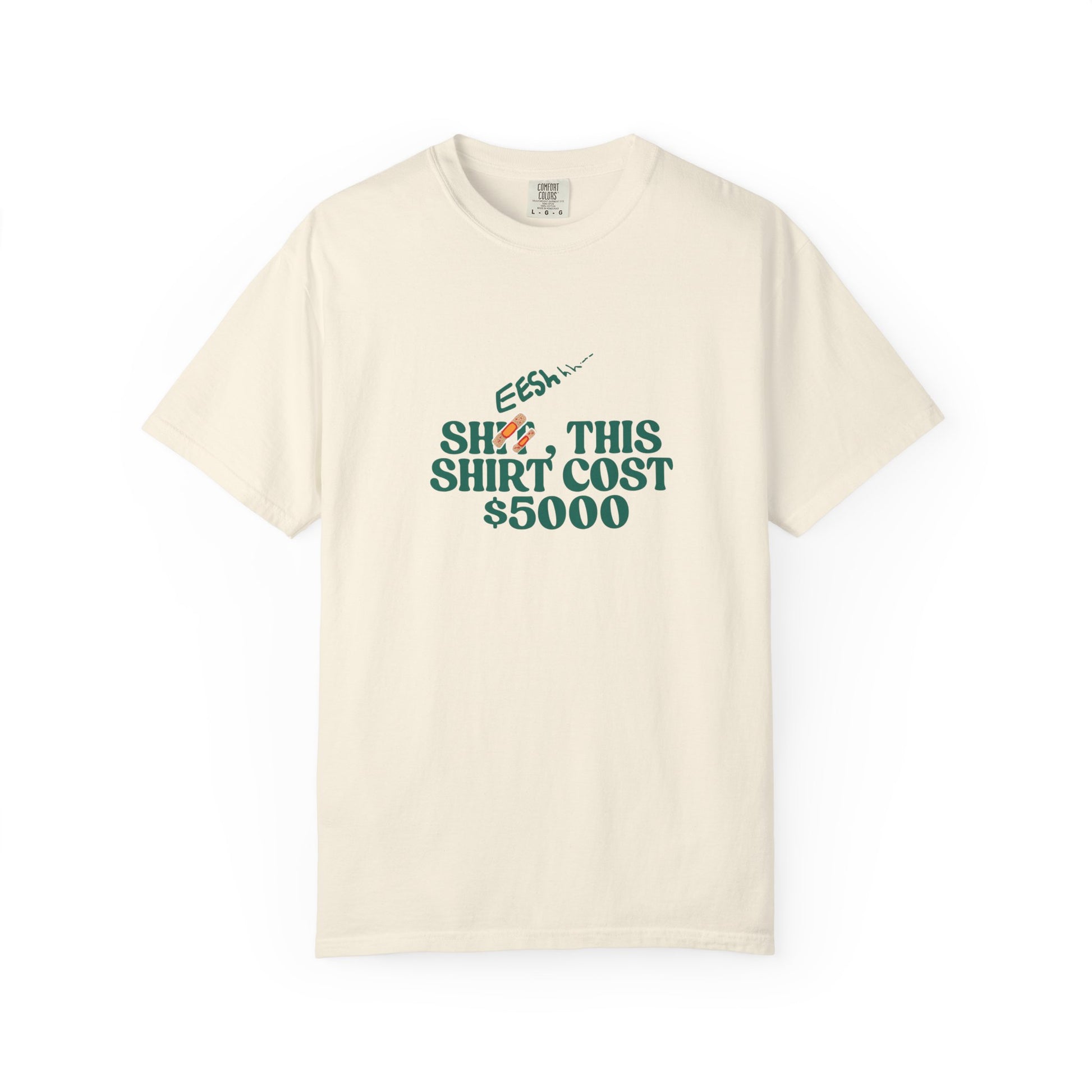 Flat lay of white relaxed-fit tee with bold statement graphic in green and teal