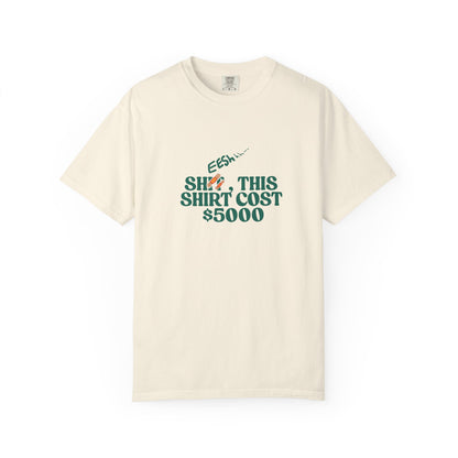 Flat lay of white relaxed-fit tee with bold statement graphic in green and teal