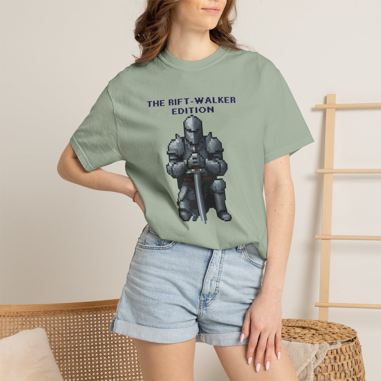 Flat lay top-down view of the Rift-Walker Edition pixel art knight t-shirt
