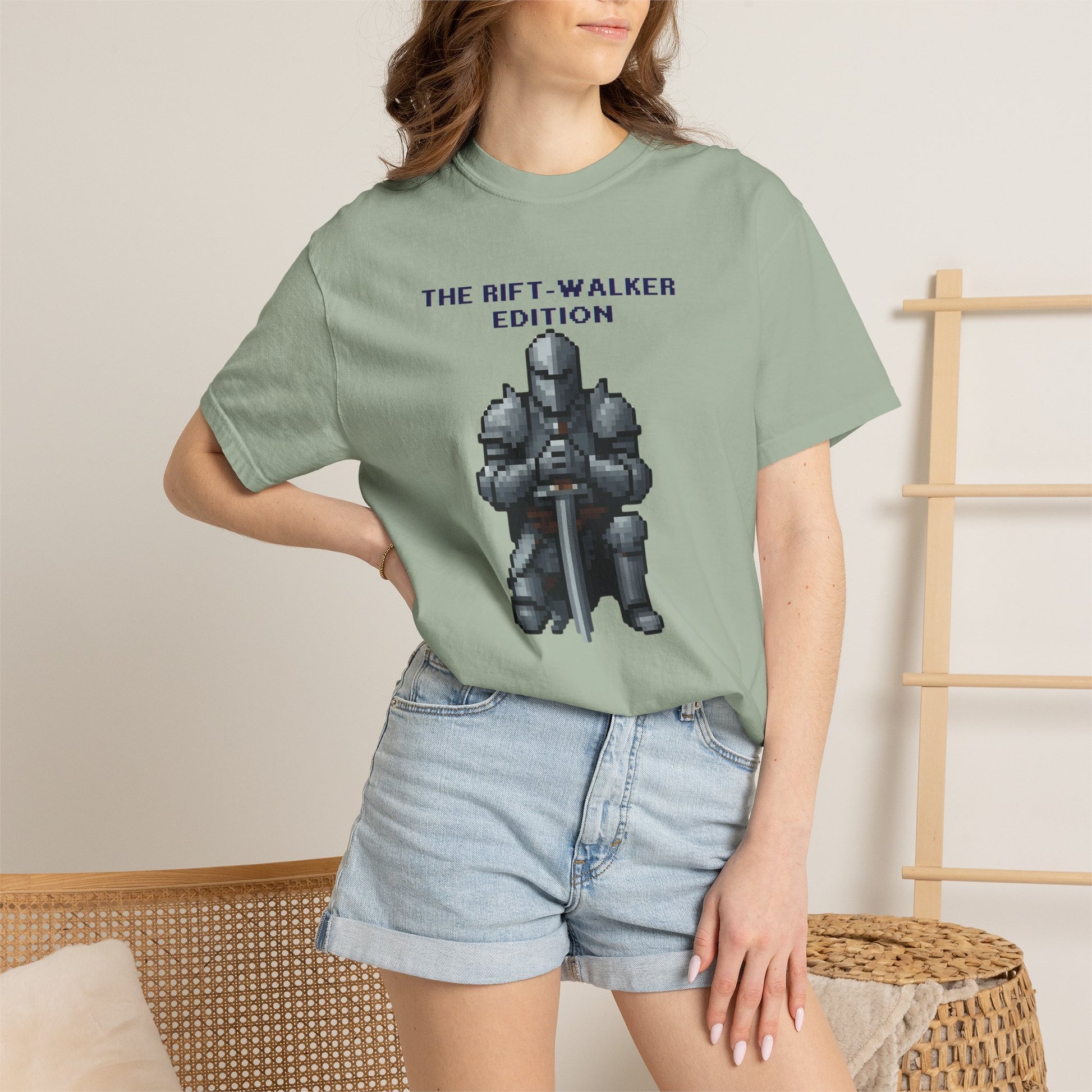 Flat lay top-down view of the Rift-Walker Edition pixel art knight t-shirt
