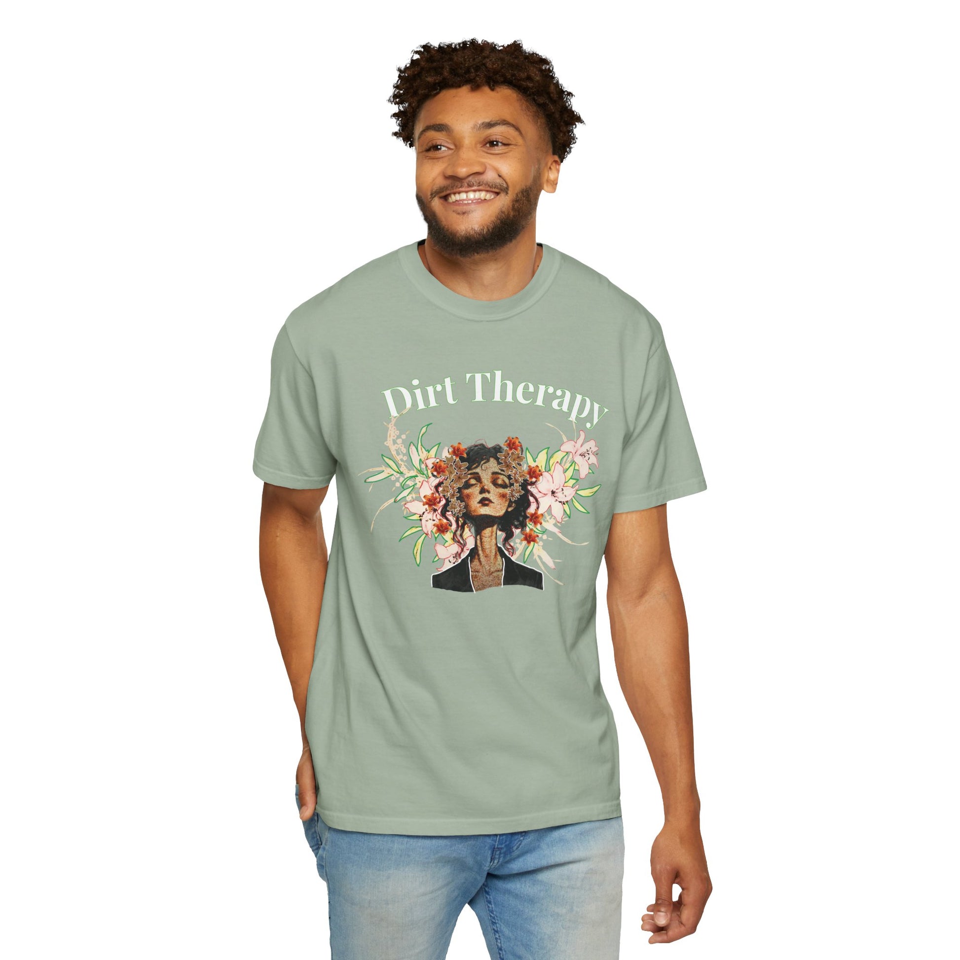 Floral healing printed heavyweight cotton tee with relaxed unisex fit on diverse model