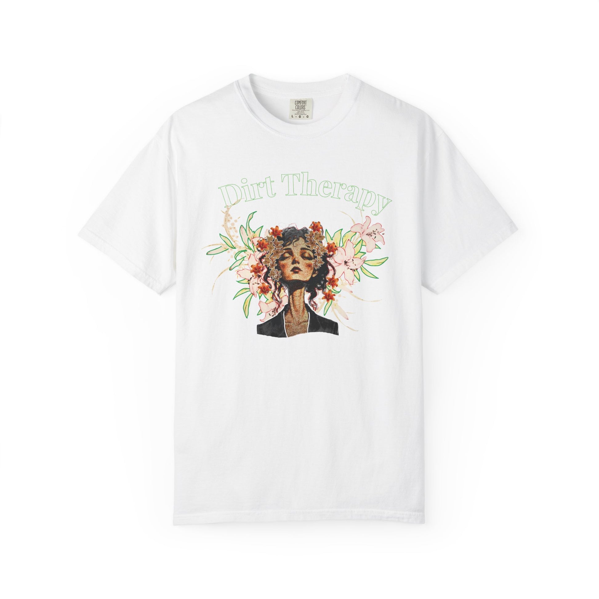 Floral printed unisex tee in garment-dyed fabric showing plant mom illustration