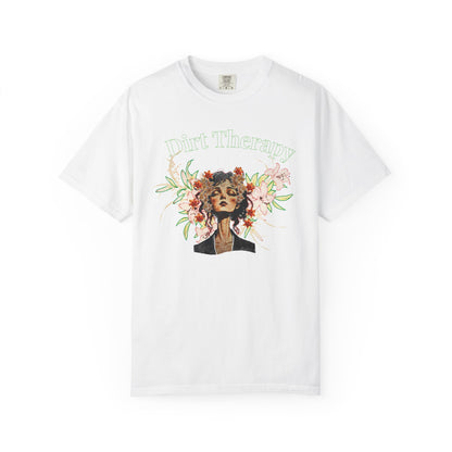 Floral printed unisex tee in garment-dyed fabric showing plant mom illustration