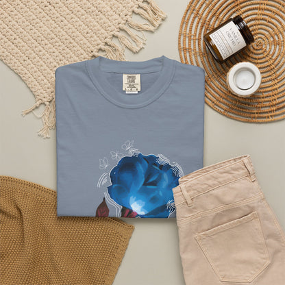 Floral tee size range S to 3XL size chart lifestyle photo