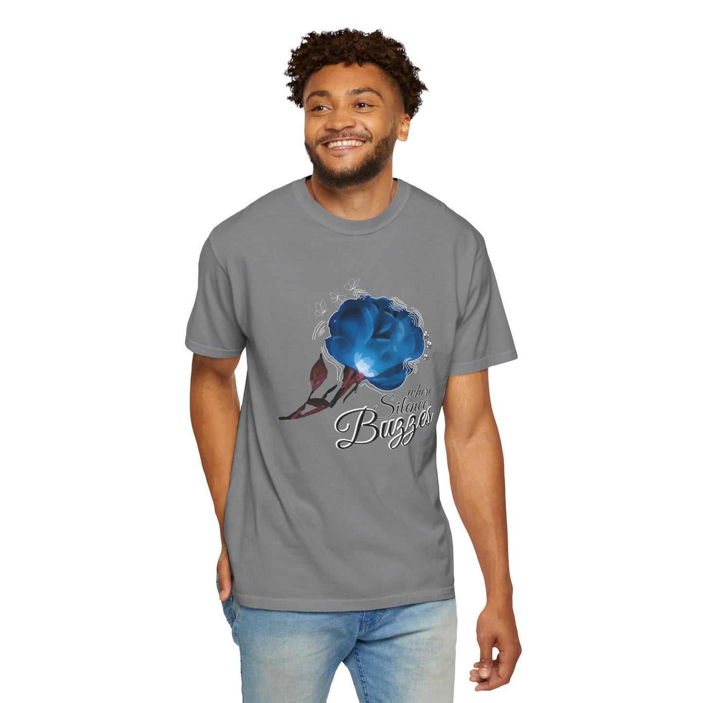 Floral unisex tee relaxed fit front view on model outdoor setting