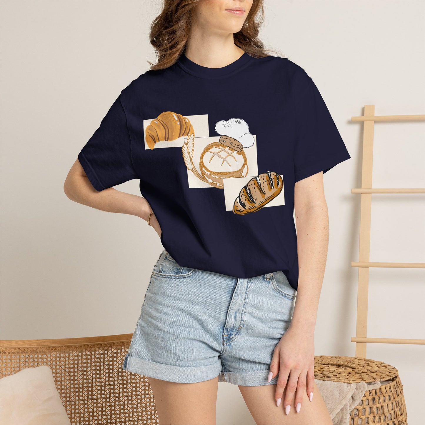 Flour-dusted baker t-shirt with illustrated sourdough and artisan bread design