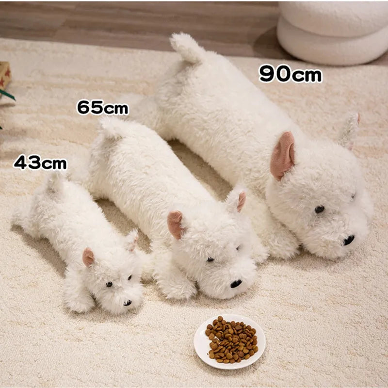 Fluffy dog plush pillow in white terrier design, close-up of face detail