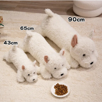 Fluffy dog plush pillow in white terrier design, close-up of face detail