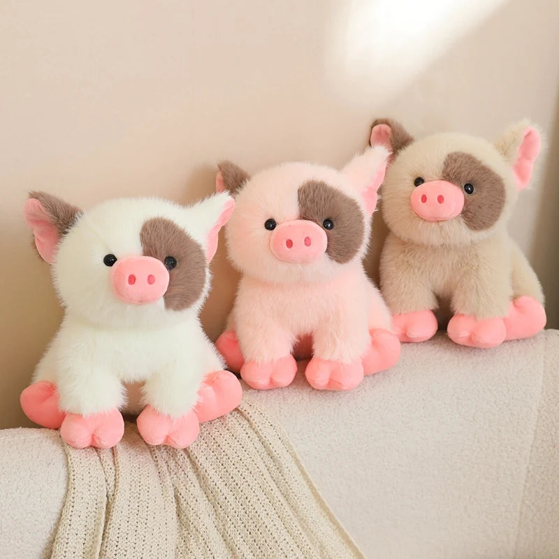 Fluffy pot-bellied pig plush in cream colorway, soft handmade piglet stuffed animal for shelf display