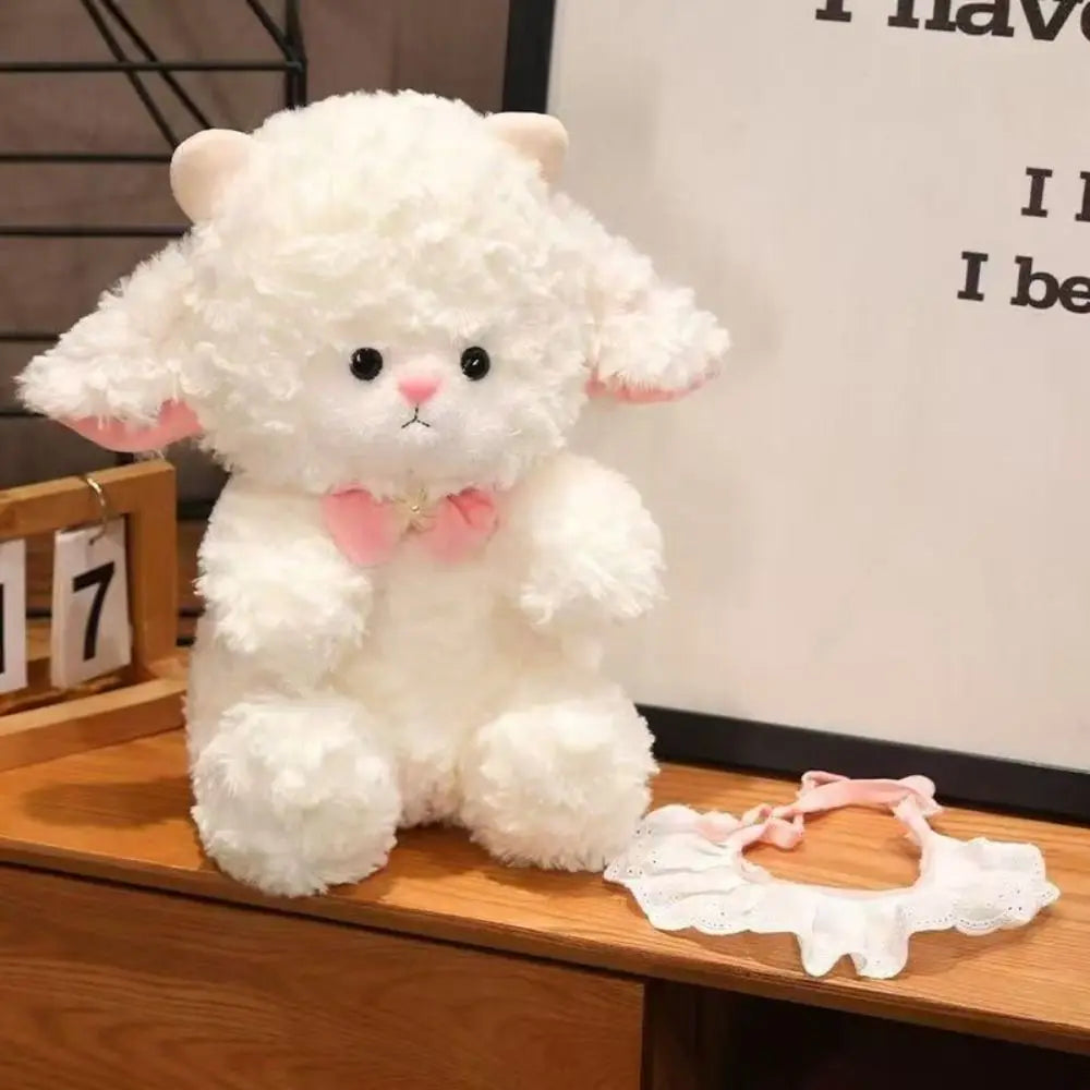 Fluffy sheep stuffed animal kawaii face close-up stitched eyes
