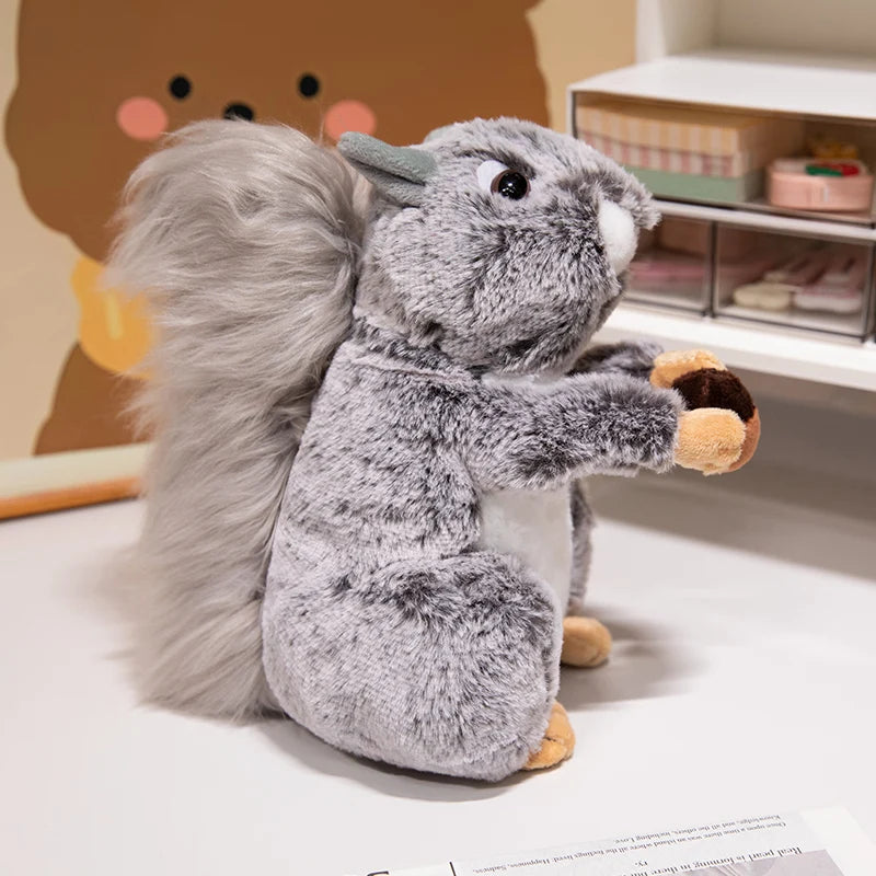 Fluffy squirrel plush toy side profile view
