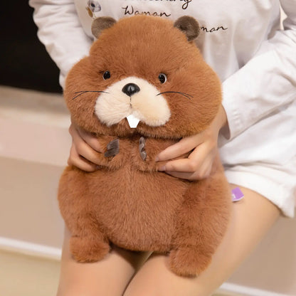 Fluffy stuffed marmot gift-ready presentation on a light neutral surface