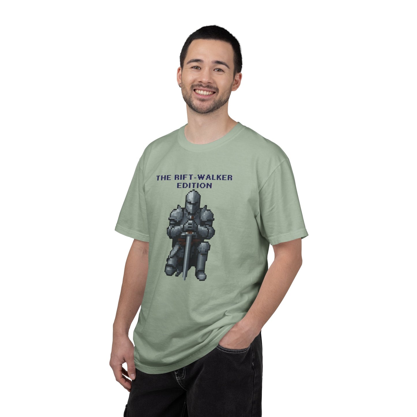 Folded stack display of rift walker tees showing garment-dyed shade variation
