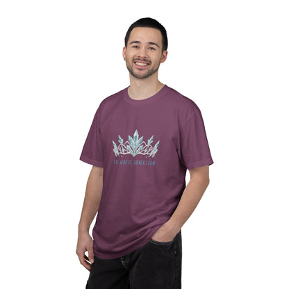 Folded stack of White Sovereign graphic t-shirts.