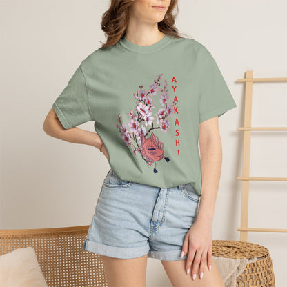 Folklore-themed cotton tee with soft washed finish, blossom print, and ayakashi graphic