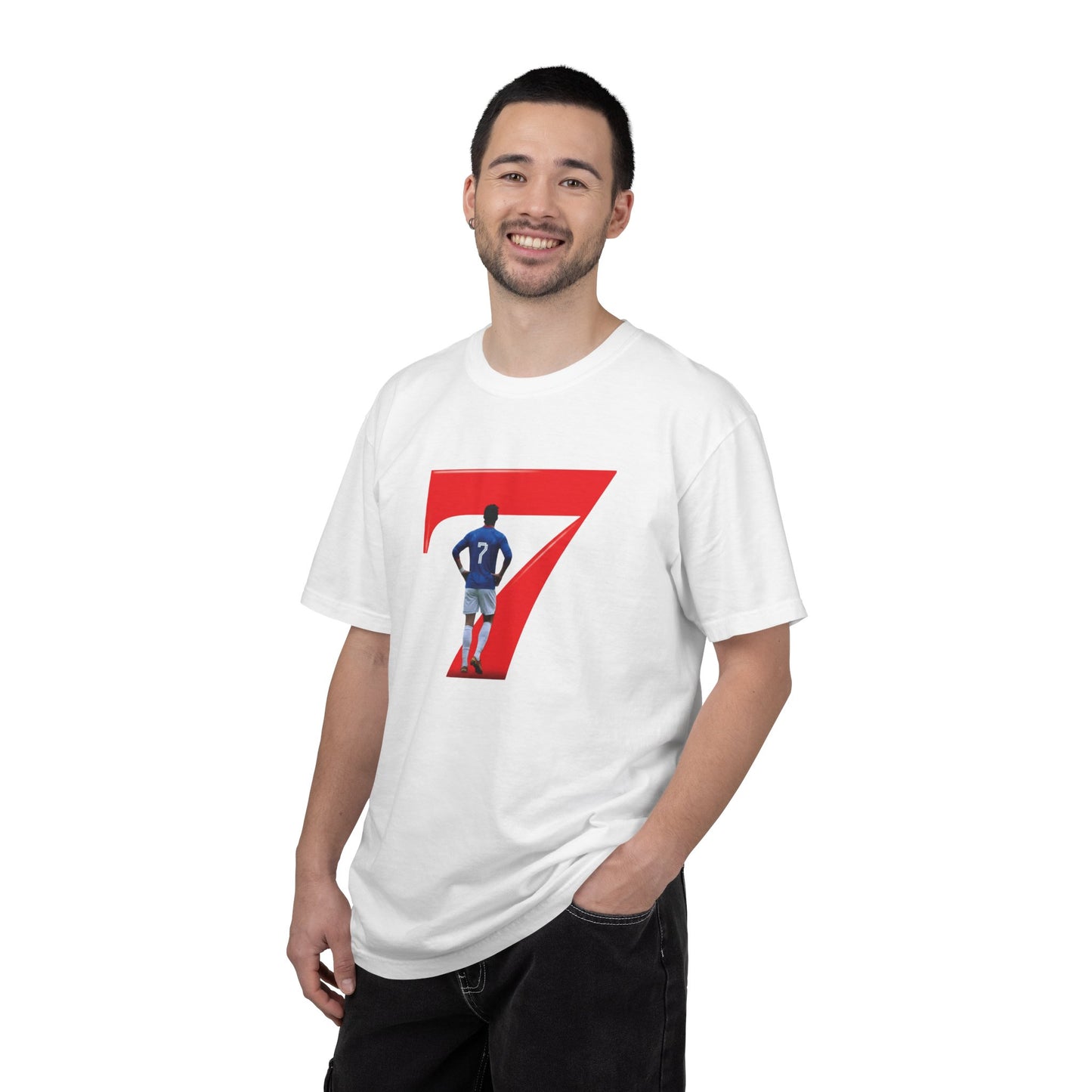 Football player celebration pose inside large red 7 on garment-dyed tee