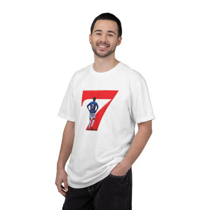 Football player celebration pose inside large red 7 on garment-dyed tee