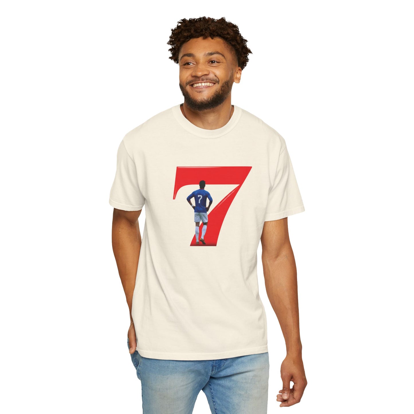 Football celebration silhouette tee with bold red number 7 graphic