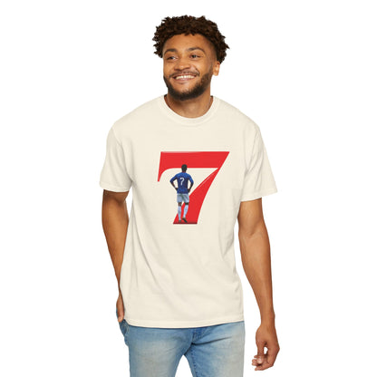 Football celebration silhouette tee with bold red number 7 graphic