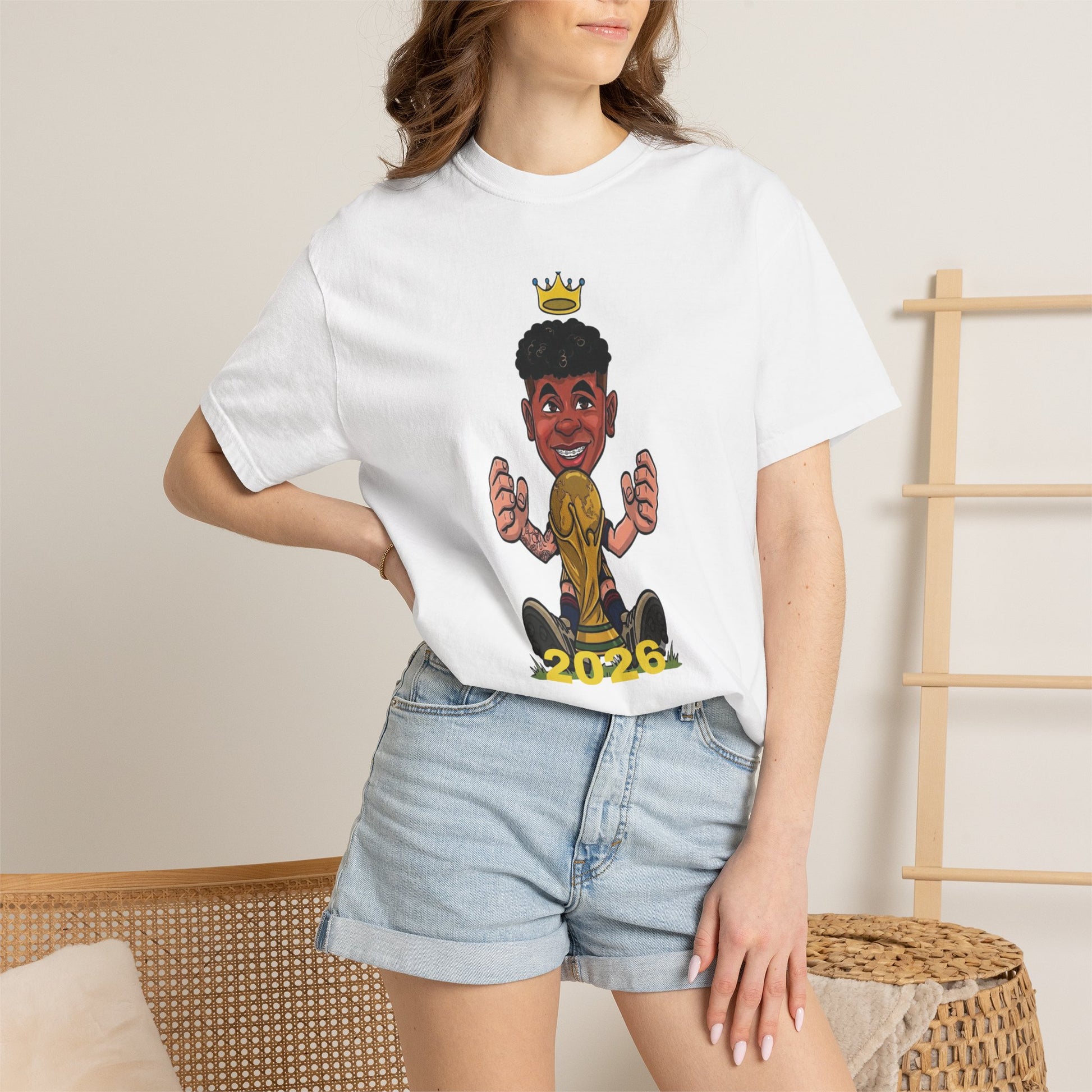 Football champion graphic tee with cartoon footballer and golden crown
