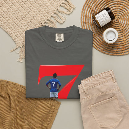 Football graphic tee with blue kit player inside bold red number 7