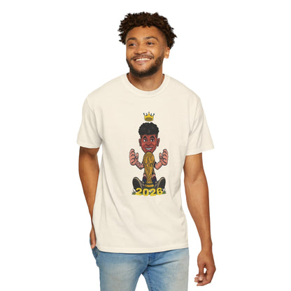Football prodigy cartoon tee showing young star with braces and golden crown
