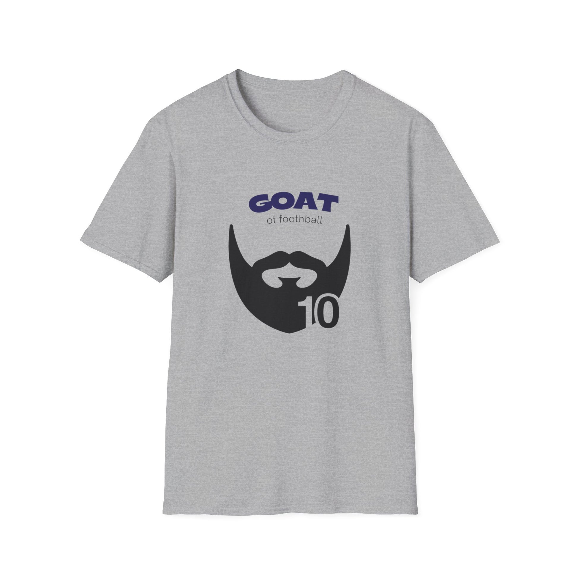 Football tribute tee with GOAT 10 print worn by male fan in casual setting