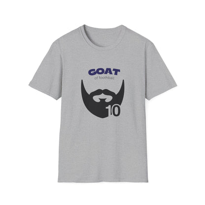Football tribute tee with GOAT 10 print worn by male fan in casual setting