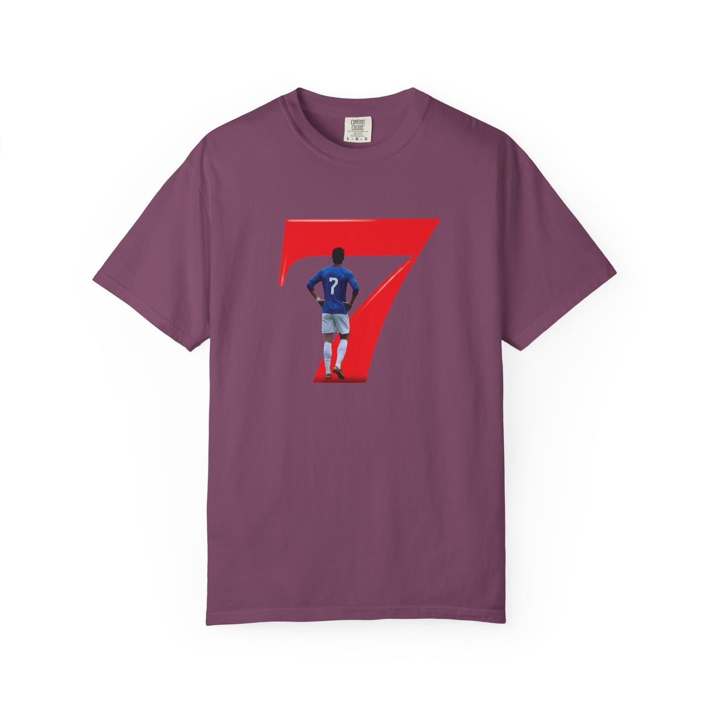 Footballer mid-celebration silhouette inside red number 7 on garment-dyed tee