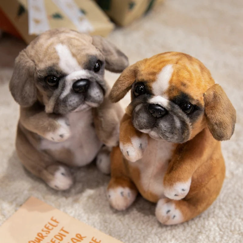 Four pug plushie colour variants khaki brown grey golden brown displayed together