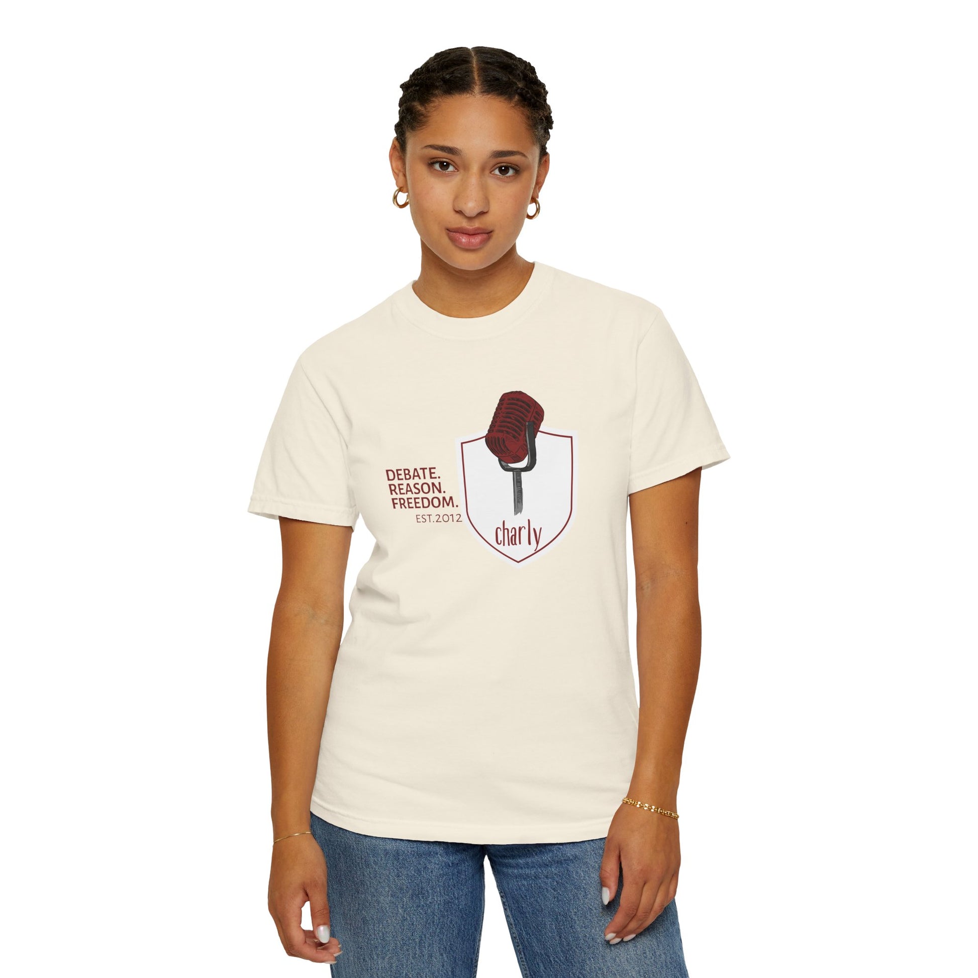 Free speech shirt close-up of microphone shield graphic print on burgundy Comfort Colors tee