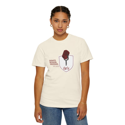 Free speech shirt close-up of microphone shield graphic print on burgundy Comfort Colors tee