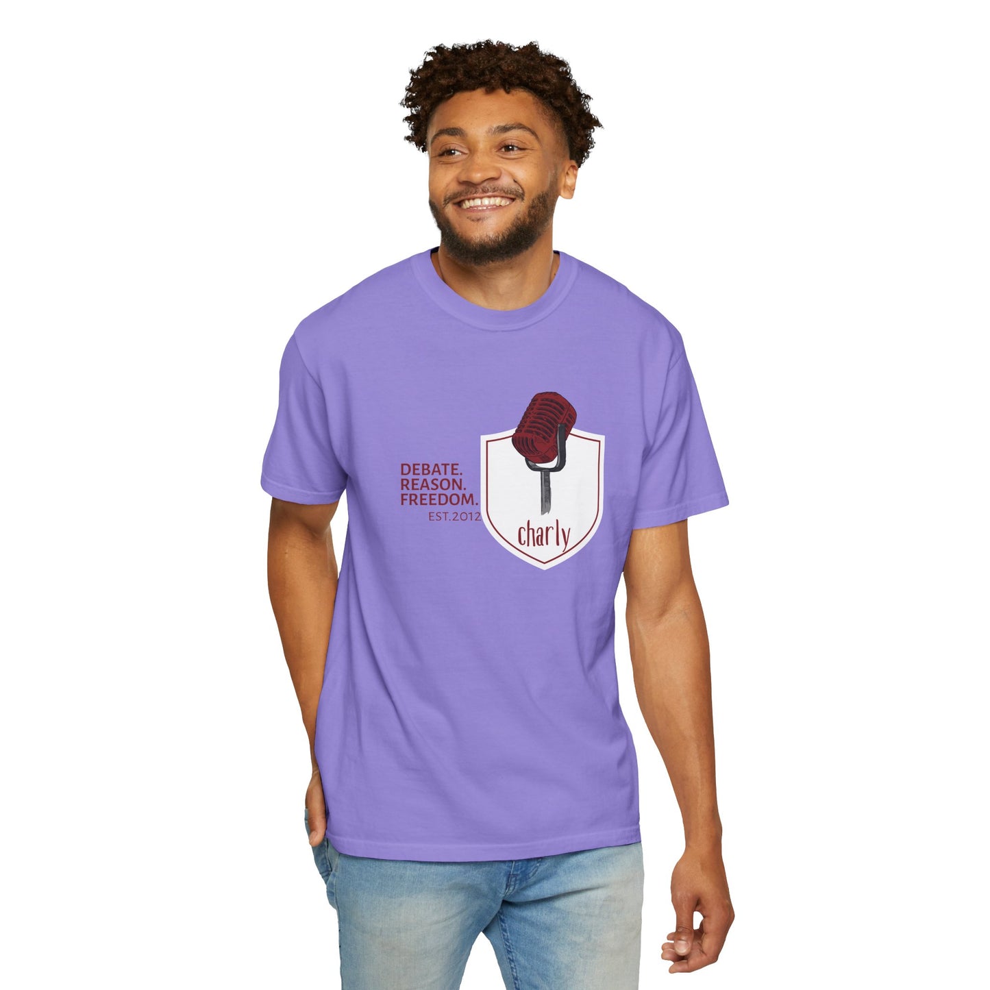 Free speech shirt debate graphic tee gift idea displayed folded with debate notes and books