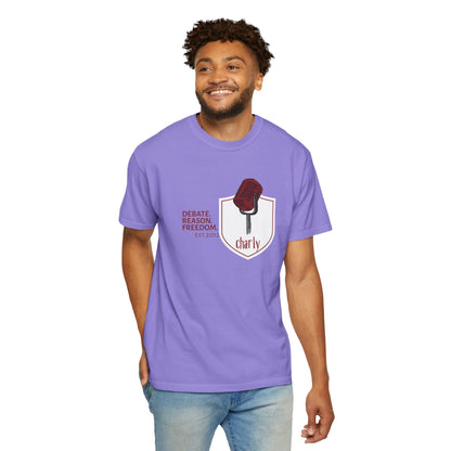 Free speech shirt debate graphic tee gift idea displayed folded with debate notes and books