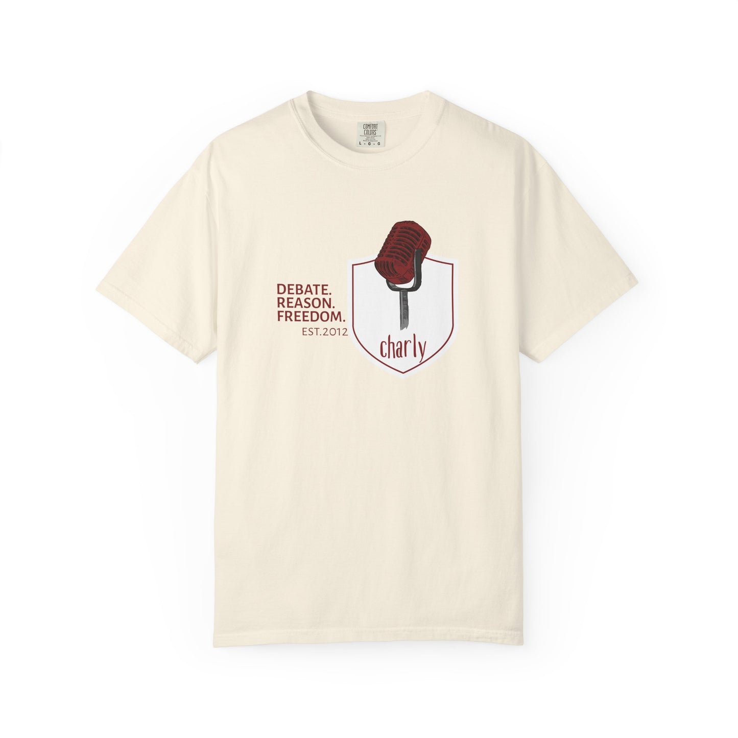 Free speech shirt featuring classic ribbon microphone crest design for debaters and speakers