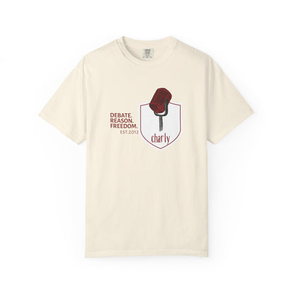 Free speech shirt featuring classic ribbon microphone crest design for debaters and speakers