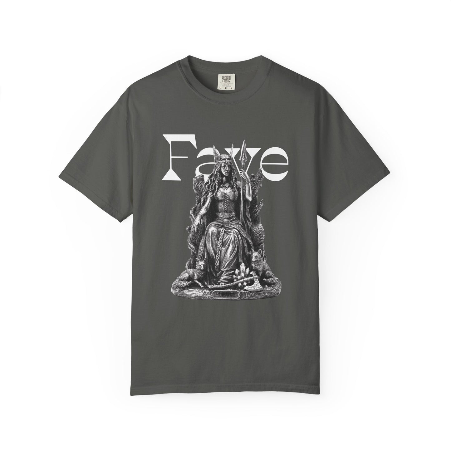 Freyja Norse goddess graphic tee with stippled goddess enthroned in shadow
