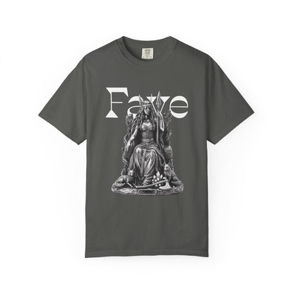 Freyja Norse goddess graphic tee with stippled goddess enthroned in shadow
