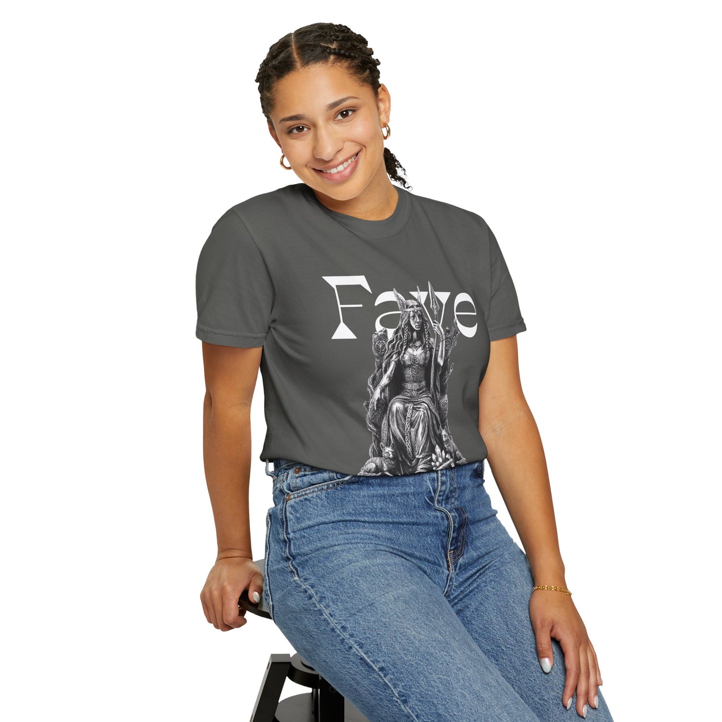 Freyja graphic tee folded flat revealing fabric texture and stitching
